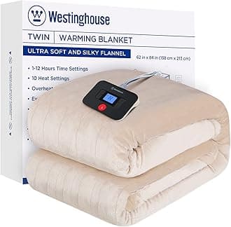 Westinghouse Electric Blanket Twin Size, Super Cozy Soft Flannel 62"" x 84"" Heated Blanket with 10 Fast Heating Levels & 1-12 Auto-Off, Machine Washable, ETL&FCC Certification, Beige
