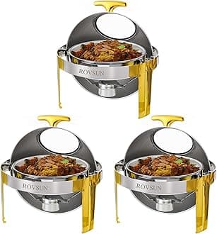 ROVSUN 6QT Round Chafing Dishes for Buffet Gold Accent 3 Pack, Stainless Steel Roll Top Chafer for Catering, Food Warmer with Glass Window for Party Wedding Catering Banquet Graduation Event