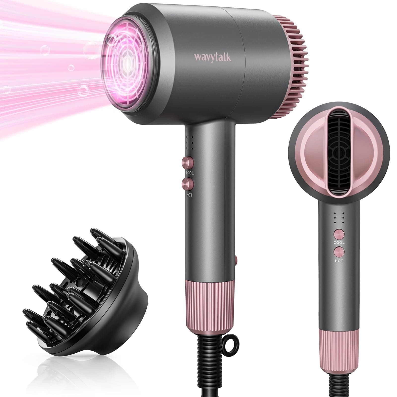 Hair Dryer with Diffuser Ceramic Ionic Blow Dryer and Damage Free Hair, Lightweight and Compact Hair Dryer Rose.