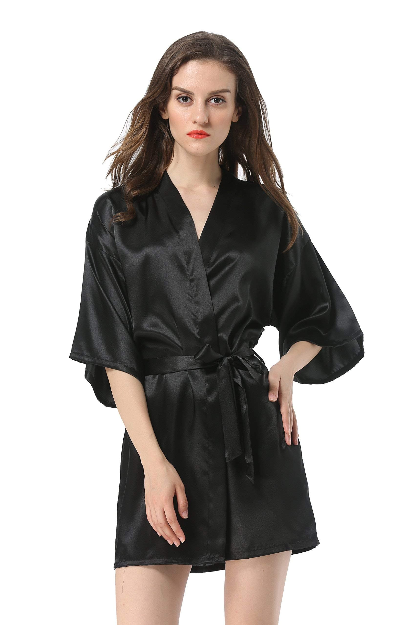 Women's Satin Plain Short Kimono Robe Bathrobe