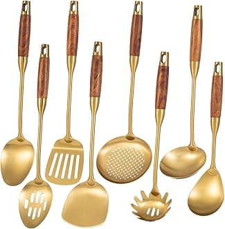 Gold Kitchen Utensils Set with Wooden Handle, 8 PCS Brass 304 Stainless Steel Cooking Utensil - Spatula, Ladle, Solid/Slotted Serving Spoon, Skimmer Spoon, Spaghetti Server, Slotted Spatula