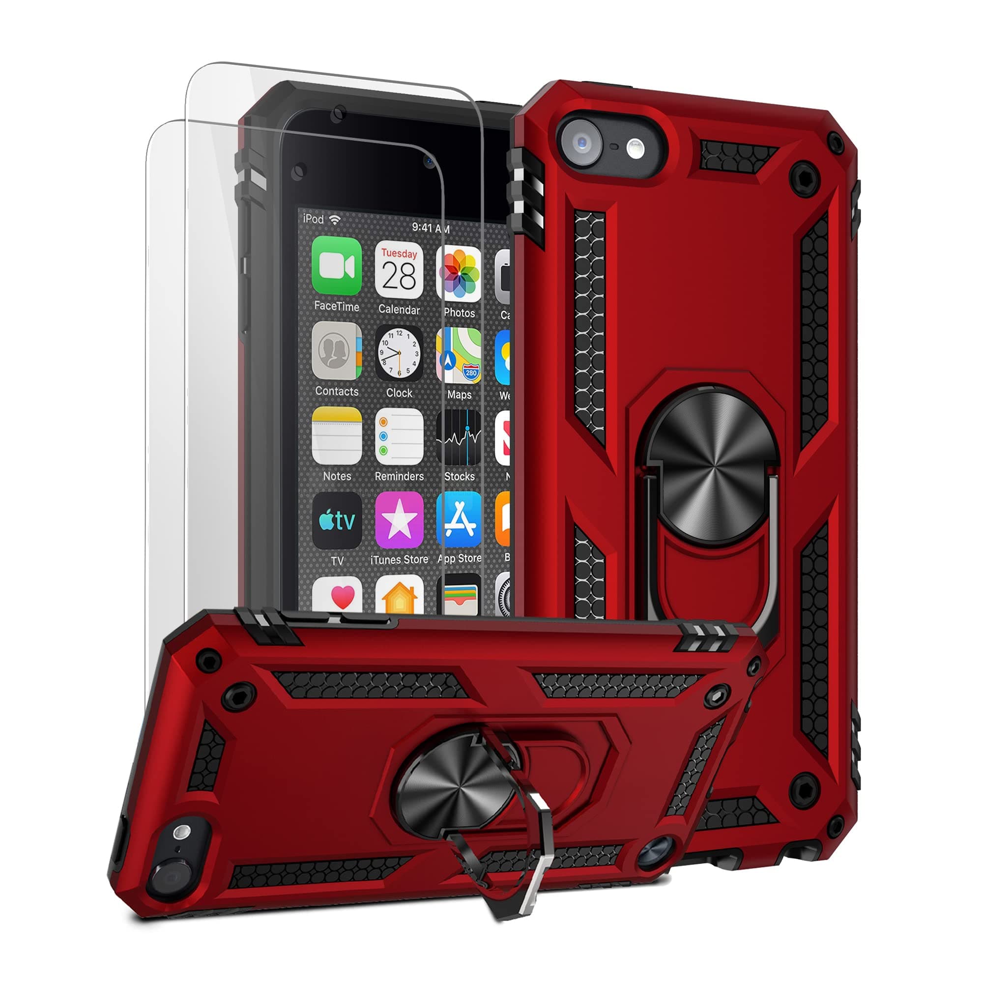 Compatible with iPod Touch 7/6/5 Case with 2 HD Screen Protectors, Hybrid Rugged Shockproof Cover with Built-in Kickstand for iPod Touch 7th/6th/5th Generation (Red)