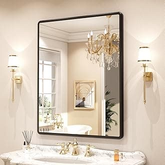 New Upgrade Bathroom Mirror, 24X32 Inch Black Metal Frame Wall Mounted Rounded Rectangle Bathroom Vanity Mirror with Tempered Glass for Washroom Bedroom Living Room