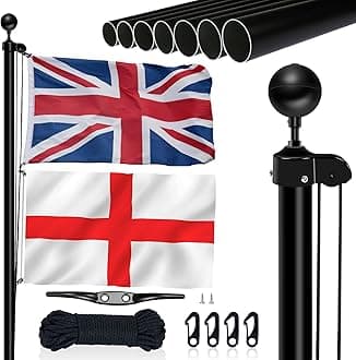 NQ 20FT (6M) Flag Poles for Garden, Sectional Heavy Duty Aluminum Flag Pole Kit with UK Flag, Flag Pole Topper, Flagpole Rope, Outdoor in Ground Flag Pole for Yard Residential, Commercial Use(Black)