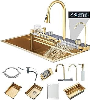 Suguword Waterfall Brushed Gold Kitchen Sink, Undermount/Drop in Single Bowl Kitchen Sink With Pull Down Spray Head Faucet, Farmhouse Workstation Sink with Multiple Accessories, 29.5x18 Inch