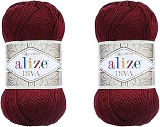 Alize Diva Microfiber Acrylic Yarn - Silk Effect Thread for Crochet & Lace Craft - 2 Skeins, 200gr, 767 yds (Bordeaux)