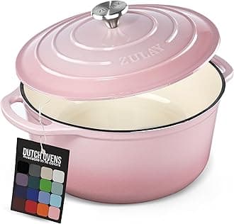 Zulay Kitchen 6 Quart Enameled Cast Iron Dutch Oven Pot with Lid – Premium Durability & Oven Safe up to 500°F – Heavy Duty Cookware Perfect for Bread Baking, Stews, Braising & Roasting – Pink