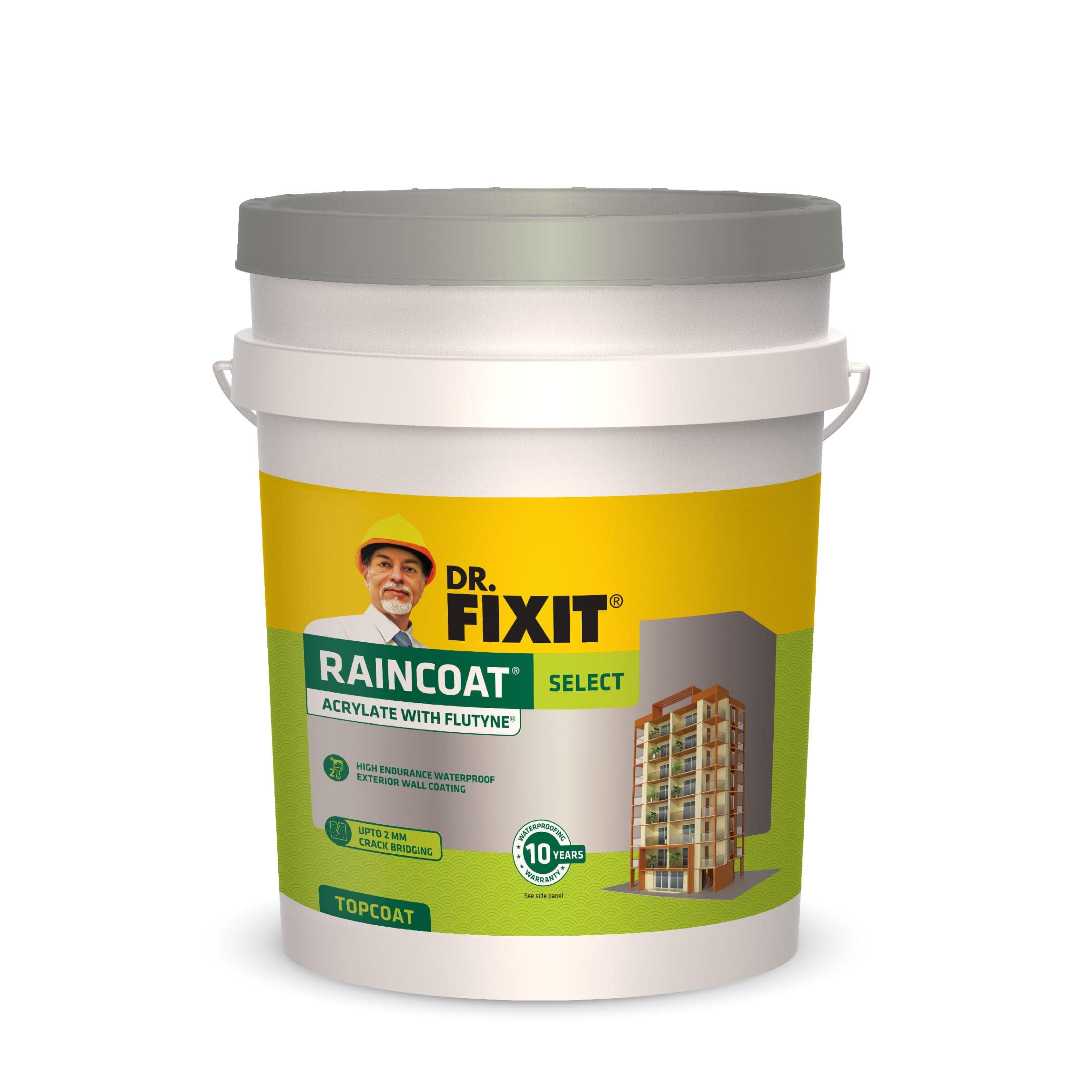 Dr. Fixit Raincoat Select White, External wall waterproofing, Coating, 1000+ unique shades, No dilution, 1 Litre, Single Coat Application, Elastomeric, 10 years waterproofing, Top coat, Brush