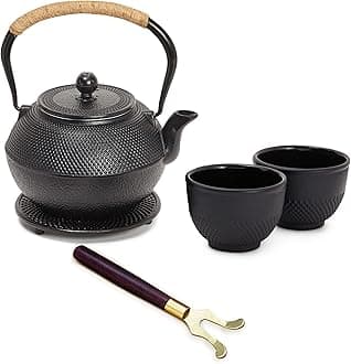 Juvale Cast Iron Teapot, Japanese Tetsubin Kettle Set with 2 Cups, Tea Infuser (1200 ml, Black)