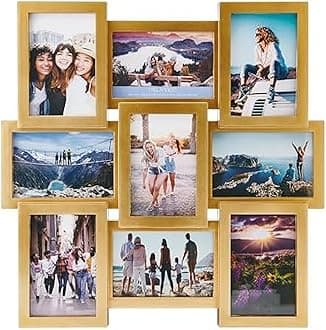 Melannco 9 Opening Photo Collage Frame, Displays Four 4x6 and Five 6x4 Inch Photos, Gold, 17.95x17.95x1.1 Inch