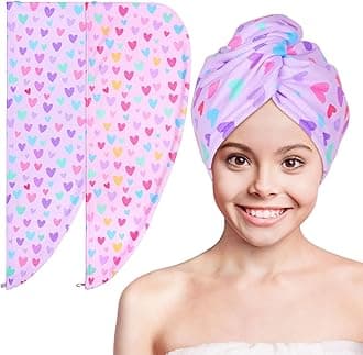 Basumee Microfiber Hair Towel Wrap for Kids 2 Pack Rapid Drying Hair Towel with Button Hair Turbans for Wet Hair Wraps Head Towel Wrap for Women and Girls