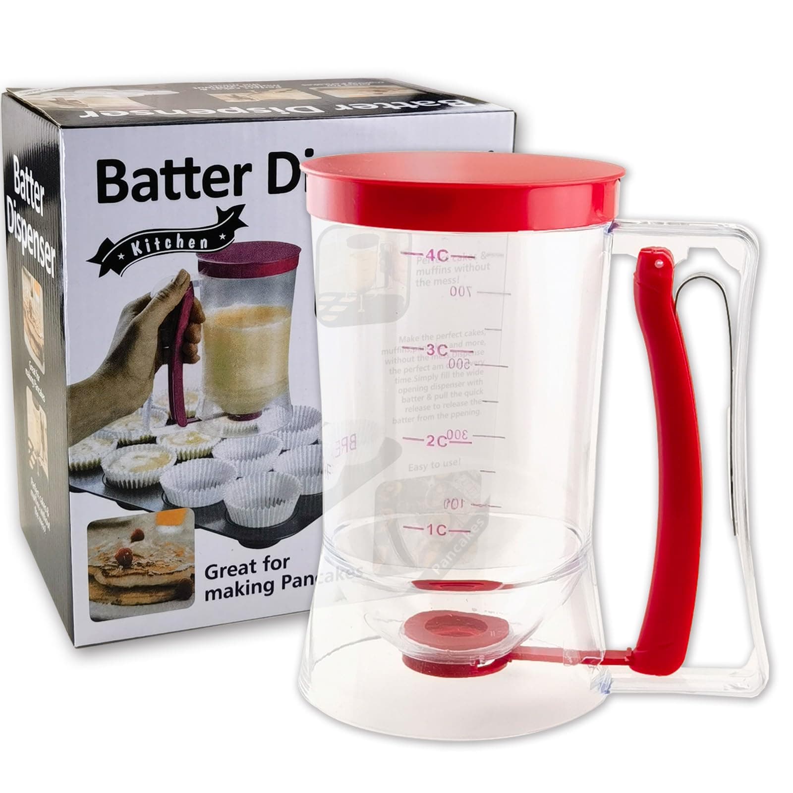 Pancake Batter Dispenser with Squeeze Handle - 4-Cup Measuring Dispenser for Pancakes/Cupcakes/Waffles - BPA-Free Pourer with Easy Clean Design - Professional Baking Tools, Red