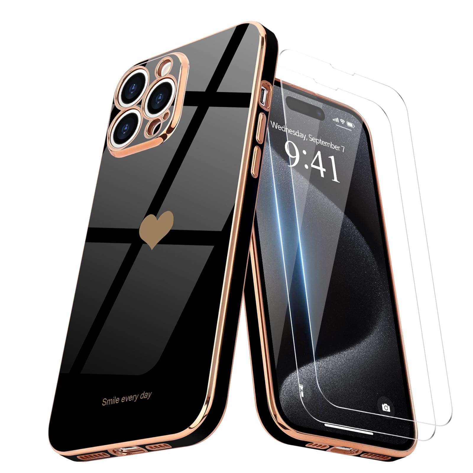Teageo for iPhone 15 Pro Max Case with Screen Protector [2 Pack] Girl Women Cute Girly Love-Heart Luxury Gold Soft Cover Camera Protection Silicone Shockproof Phone Case iPhone 15 Pro Max, Black