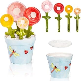 5Pcs Ceramic Measuring Spoons and Cup, Flower Baking Scale Spoons with Base Set for Dry and Liquid Ingredient, 1/4 tsp, 1/2 tsp, 1 tsp, 1 Tbsp