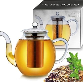 Creano Glass Teapot , 3-Piece Glass Teapot with Integrated Stainless Steel Strainer and Glass Lid, Ideal for Preparing Loose Teas, Drip-Free, All-in-One- Transparent, 1.5L