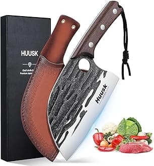 Huusk Upgraded Serbian Chef Knife-Japanese Meat Cleaver Knife for Meat Cutting Forged Butcher Knives with Sheath Full Tang Kitchen Chopping Knives for Home, Outdoor Camping, Gift for Men and Women