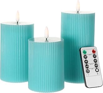 ANGELLOONG Teal Flameless Candles with Remote, Battery Operated LED Candles with Timer, Set of 3, Real Wax Fake Pillar Candles for Bathroom Living Room Summer Wedding Deocr