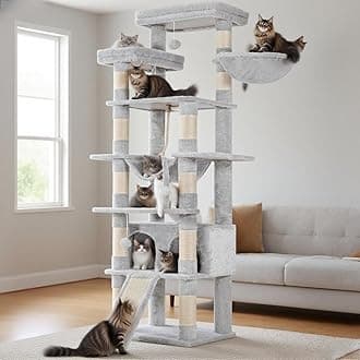 Heybly Tall Cat Tree,78 inch Multi-Level Cat Tower for Indoor Cats,2 Widened Plush Perches Cat Condo with Scratching Board and Big Caves,Light Gray HCT033W