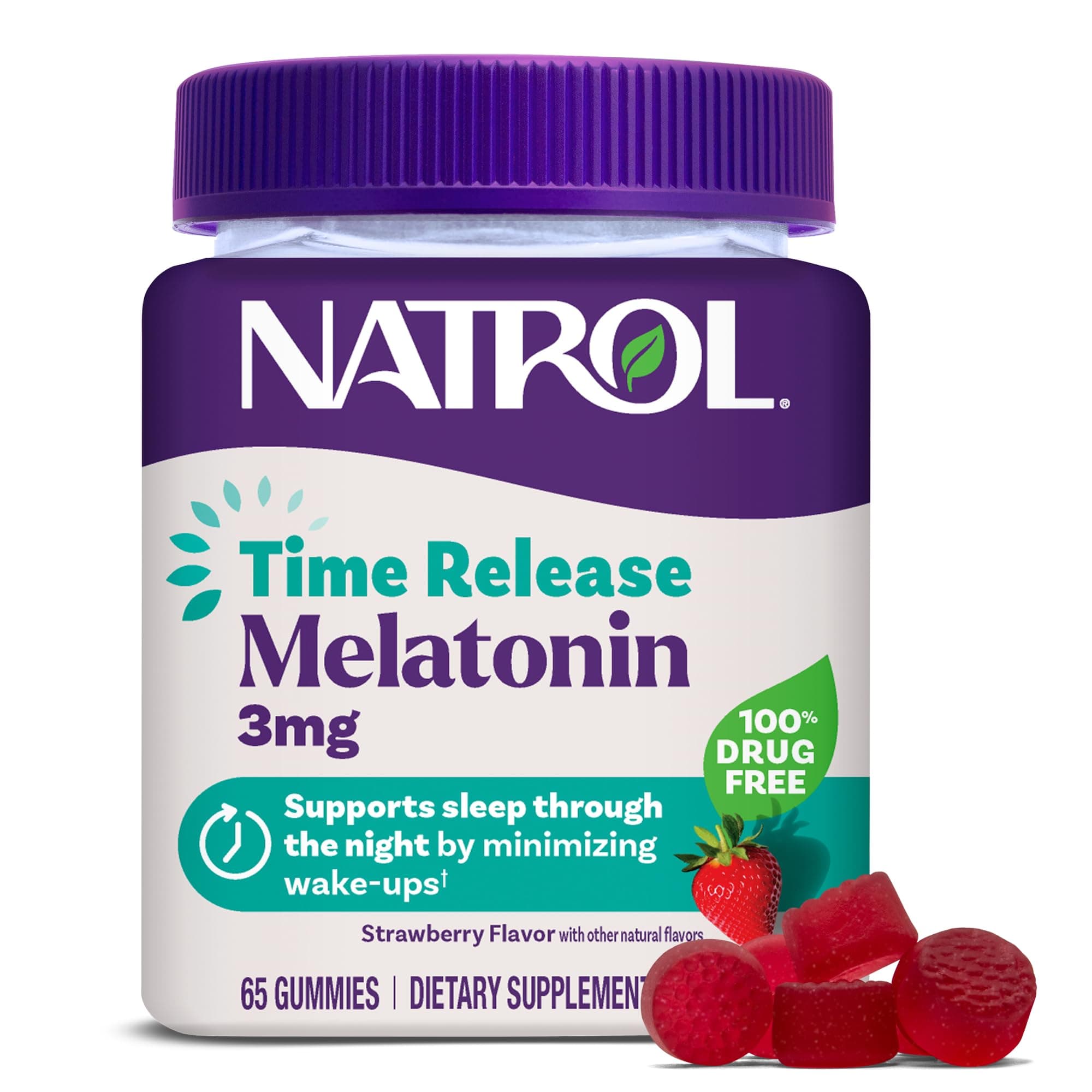 Natrol Time Release Melatonin Gummies, Sleep Support for Adults, 3 mg Melatonin Supplements for Sleep Support, 65 Strawberry-Flavored Gummies, Up to a 65 Day Supply