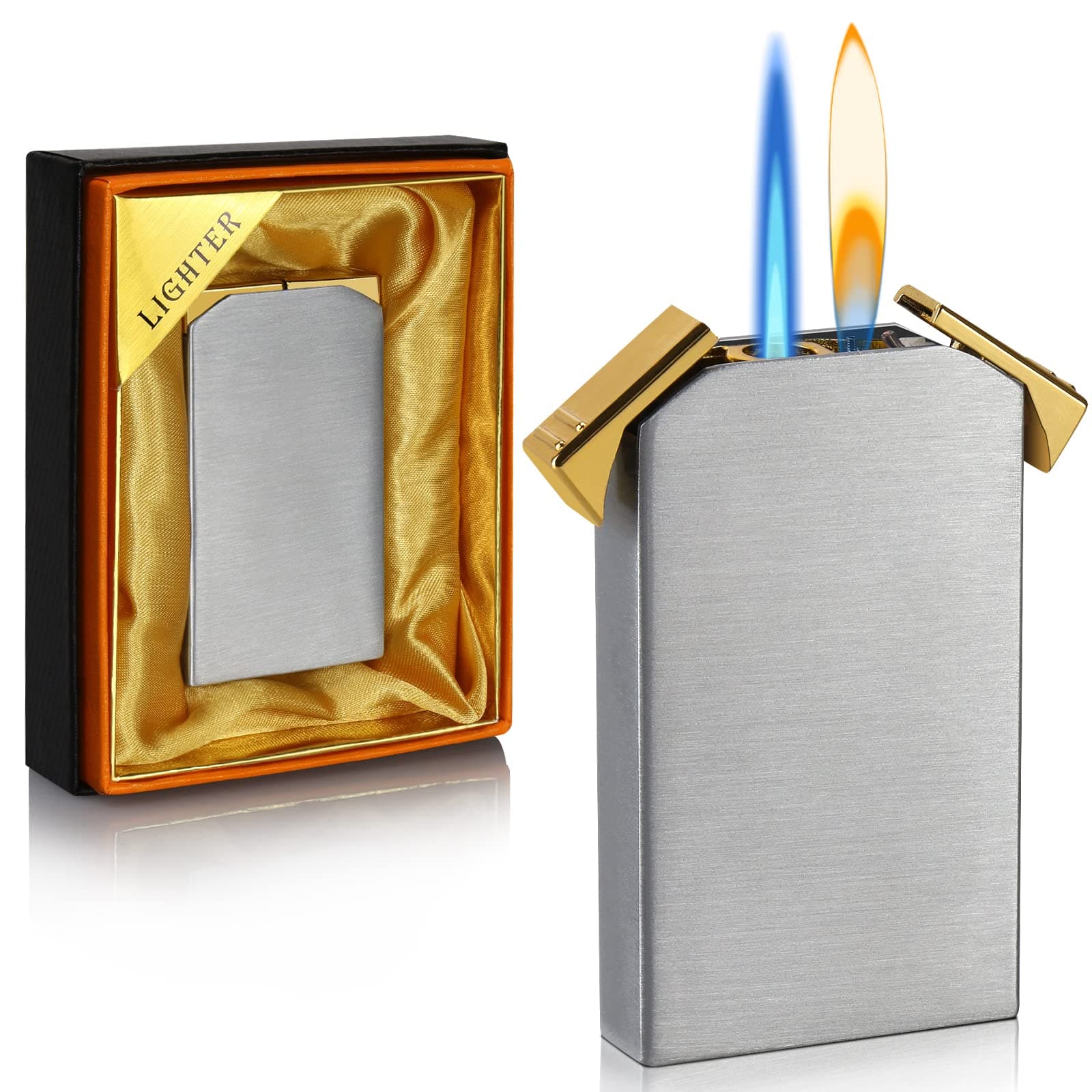 Kantion Dual Flame Lighter, Switchable Torch Jet Lighter & Soft Flame Lighter, Refillable Butane Lighter, Cool Pipe Lighters, Unique Gifts for Family Friend Men(Silver,Without Fuel)