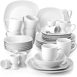 MALACASADinner Sets for 8 People, 40-Piece Porcelain Plates and Bowls Set Ivory White Dinnerware Sets with 8 Piece Dinner Plates/Soup Bowls/Dessert Plates/Egg Cups/Mugs, Series Elisa