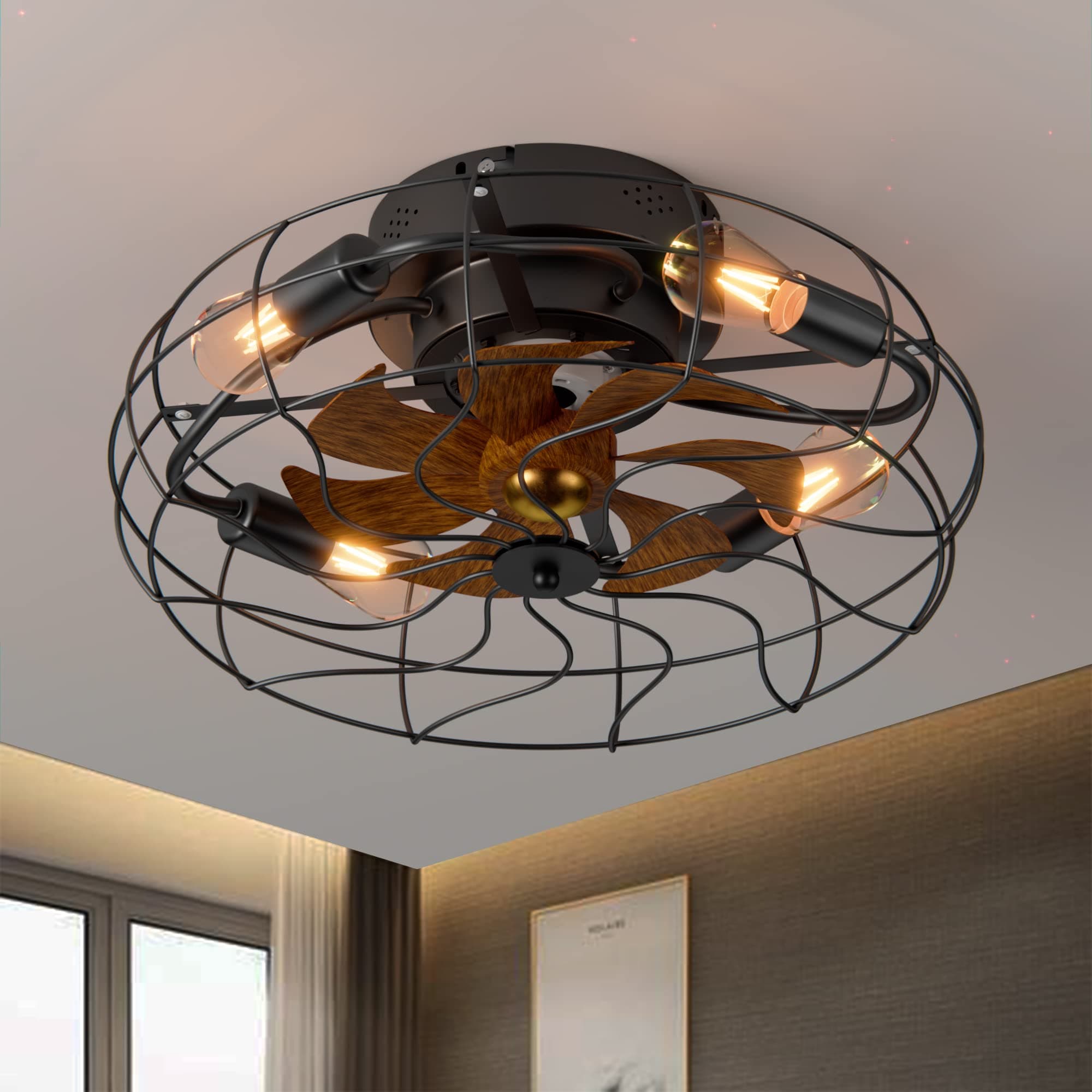 20'' Ceiling Lights and Remote Control, Flush Mount Caged Low Profile Ceiling light, Farmhouse Bladeless Ceiling Light