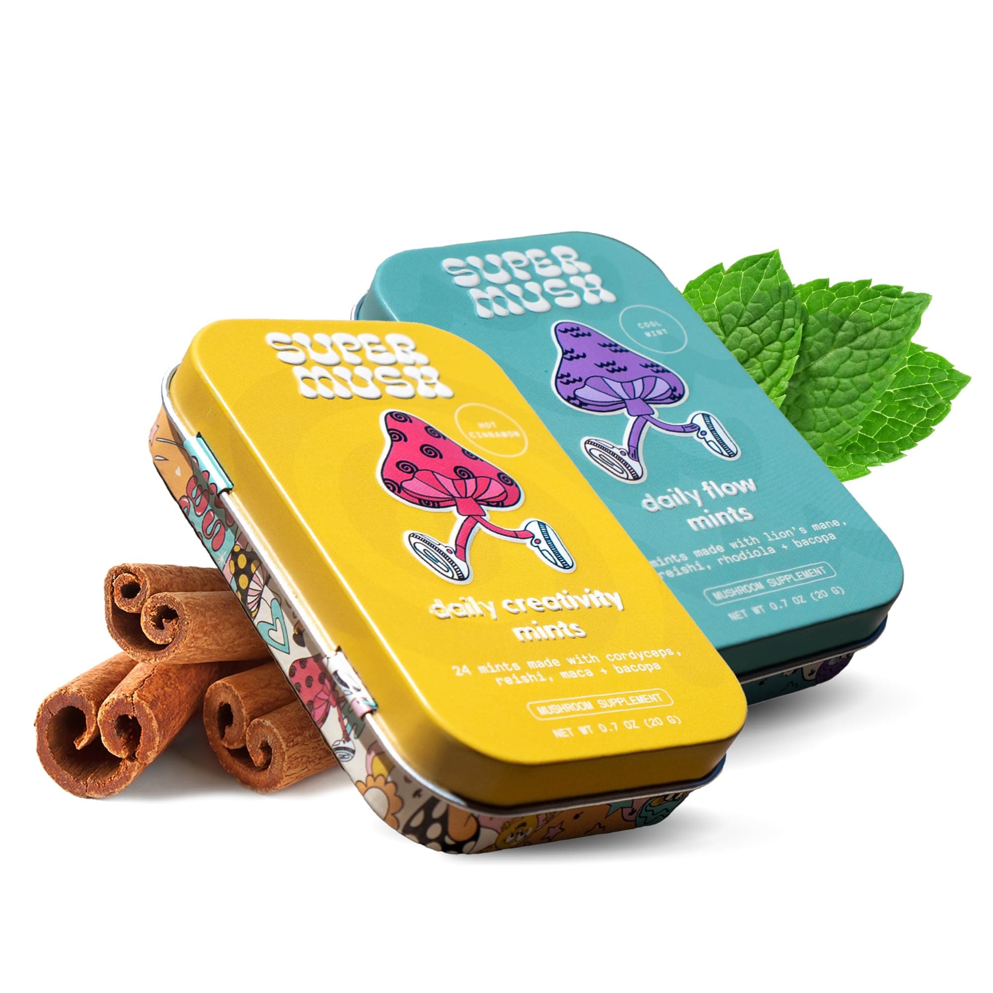 - SuperMush Daily SuppleMint - 2 Flow & Focus Mints + 2 Creativity & Connection Mints - Mushroom Mint Supplements - Lions Mane, Cordyceps, and Reishi Mixed Mushrooms