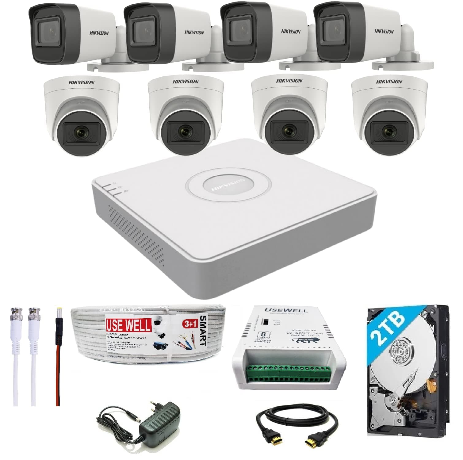 HIKVISION 8 Channel DVR with 5 MP 4 Dome & 4 Bullet Cameras with Audio Recording + 2 TB HDD + (3+1) Cable roll + 8 CH Power Supply + USEWELL BNC & DC Full Combo Kit