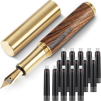 Handcrafted Wooden Fountain PenShort Paragraph (85mm) Pocket Mini Travel Fountain Pen Fancy Pens with 15 Pcs 2.6mm Black Ink Cartridges for Journaling Office School Supplies (Brown)