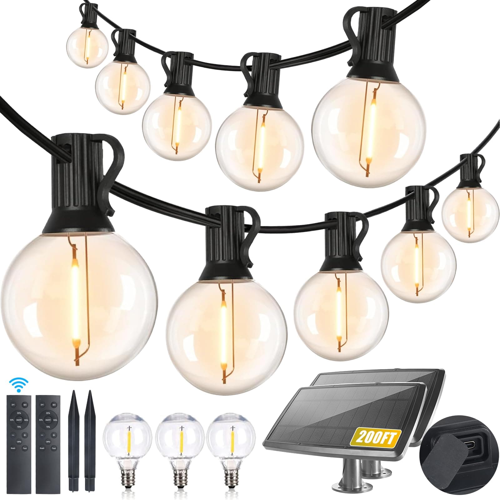 200ft Solar String Lights Outdoor Waterproof with Remote Control, G40 Solar Power String Lights with 60+ 3 LED Shatterproof Bulbs, Dimmable, Backyard Outside Party, ‎100FT30LEDP1*2+3-A20B