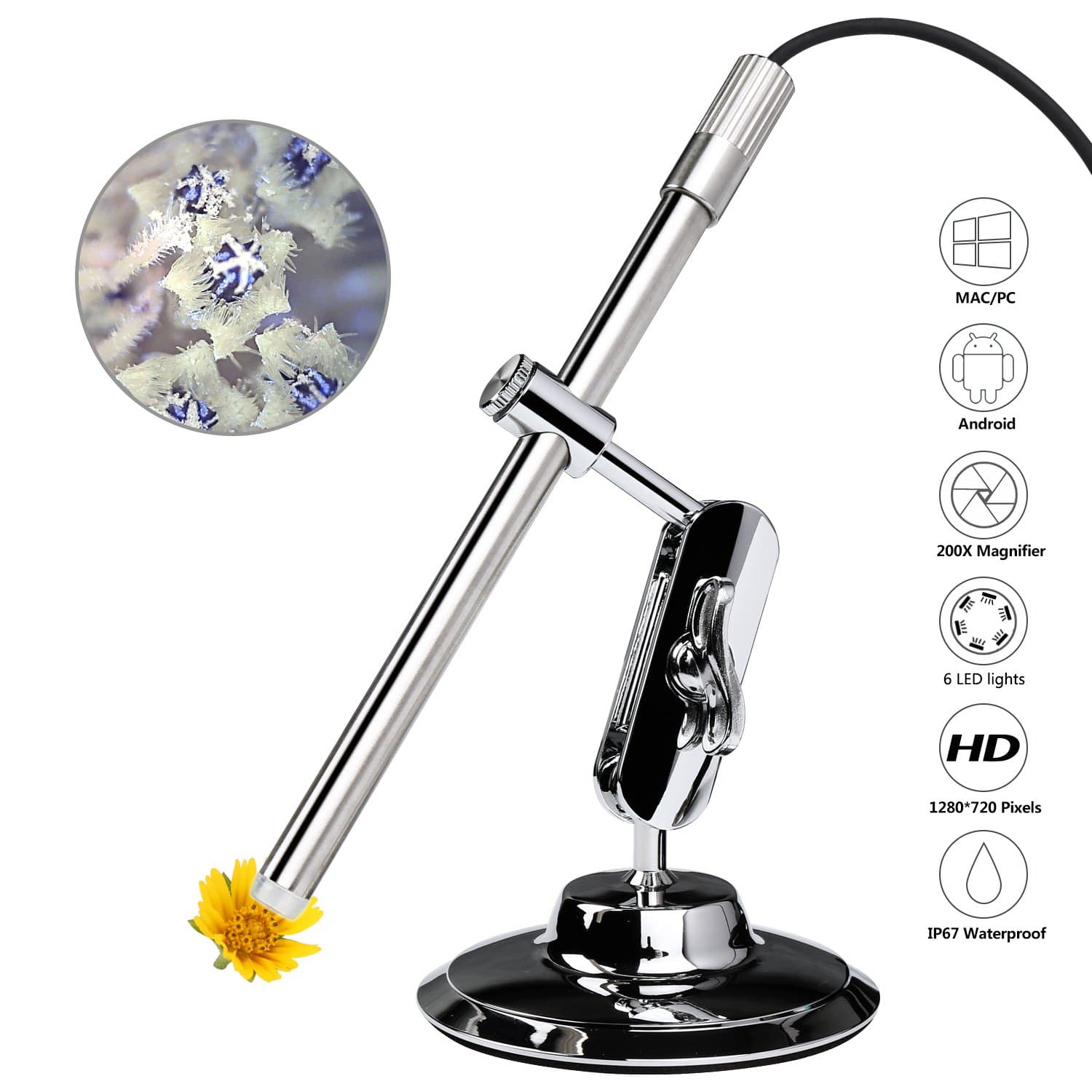Digital USB Microscope MAXFUL Endoscope Borescope Inspection Magnifier Camera Handheld USB 2 To 1 OTG HD 720P 1.0MP 8mm 10-200X Stainless IP67 Waterproof Compatible with Android Smartphone and PC