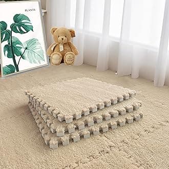 16pcs 0.6" Thickened Interlocking Tile Mats,Fluffy Shaggy Soft EVA Foam Area Rug for Living Room & Bedroom,Non-Slip Protective Floor Carpet Play Mat Kids Baby Dorm Home Decor (11.8ft, Khaki)