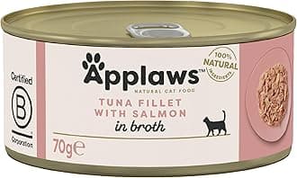 100% Natural Wet Cat Food Tin, Tuna Fillet with Salmon in Broth 70 g Tin (Pack of 24)