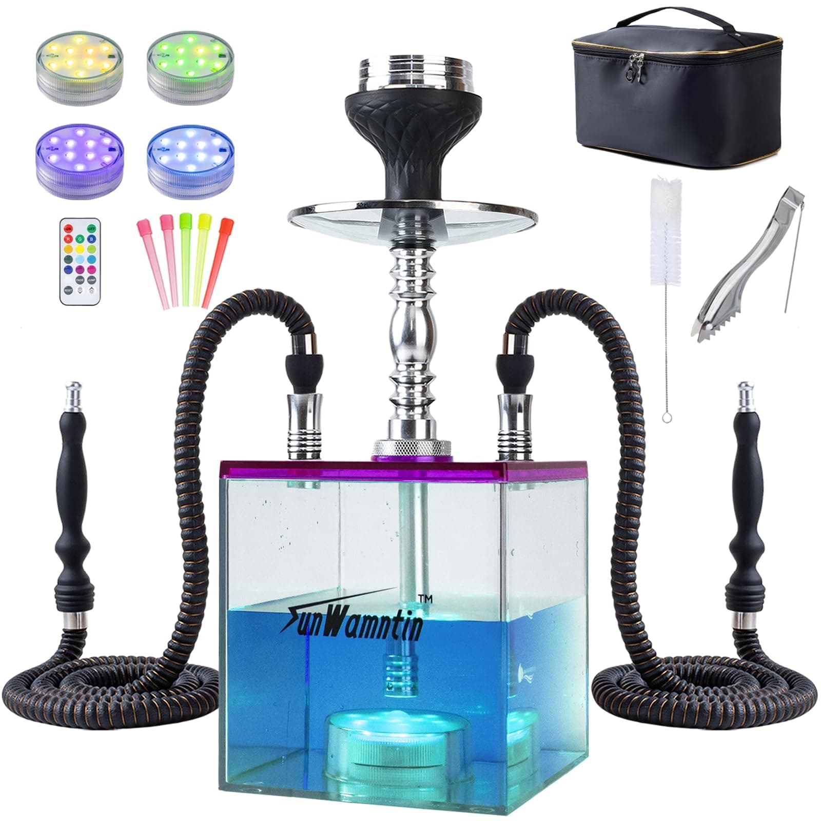 Purple 2 Hose Large Hookah – Square Large Cloud Production Hookah Set with Everything, Travel Shisha Kit with LED Base, Cleaning Brush and Portable Bag