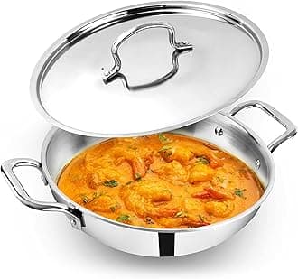 The Indus Valley Triply Stainless Steel Kadai/Kadhai with Steel Lid | 22cm/8.6 inch, 2.3Ltr, 1.40kg | Induction Friendly | Nonstick 3-Layer Body, 100% Toxin-Free, No Chemical Coating