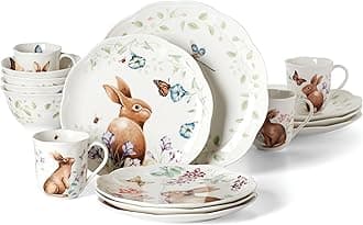 Dinnerware Set, Butterfly Meadow Bunny 16-Piece Set, Service For 4, Dishwasher Safe, Microwave Safe, Made Of Porcelain, Bowls And Mugs, Plates And Bowls, Easter Dish (Assorted, 16 Pieces)