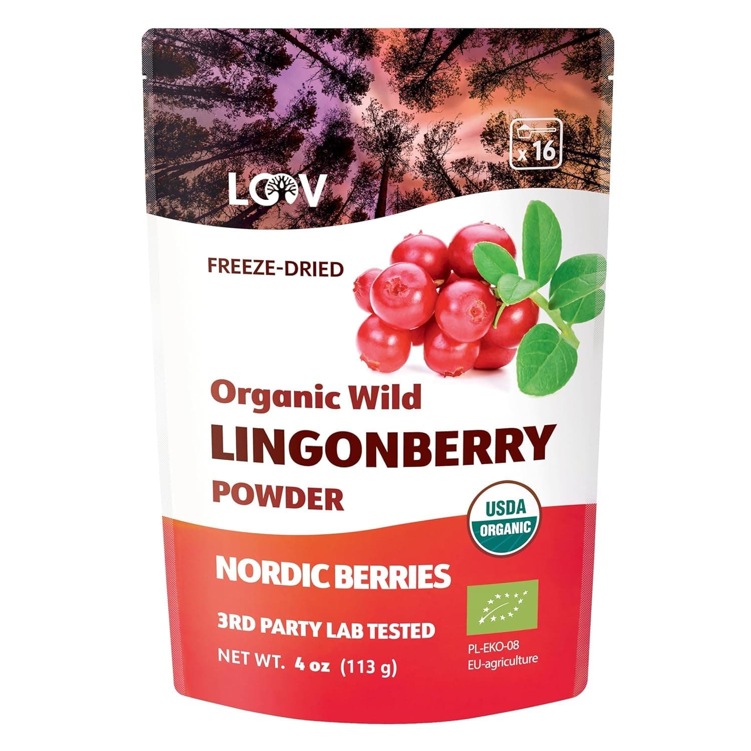 Organic Wild Lingonberry Powder – Freeze-Dried & Powdered Nordic Superberry, Traditional Scandinavian–Swedish Food – Pure, Non-GMO & No Added Sugar – 4oz (16 Servings)