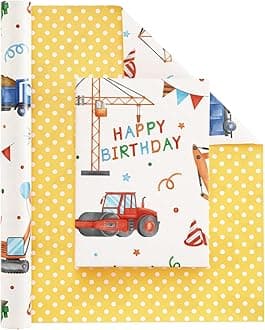 WERNNSAI Construction Ink Wrapping Paper Roll - 1 Roll 17” x 33 ft Truck Tractor Wrapping Paper Yellow Boy Birthday Wrapping Paper Construction Party Favor Gift Wrap, Reversible Polka Dot Design