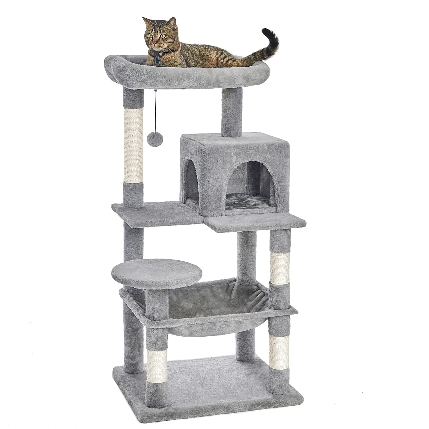 46.5 inches Cat Tree Multi-Level Cat Tower with Sisal-Covered Scratching Posts, Plush Perches, Hammock and Condo for Cats Light Gray