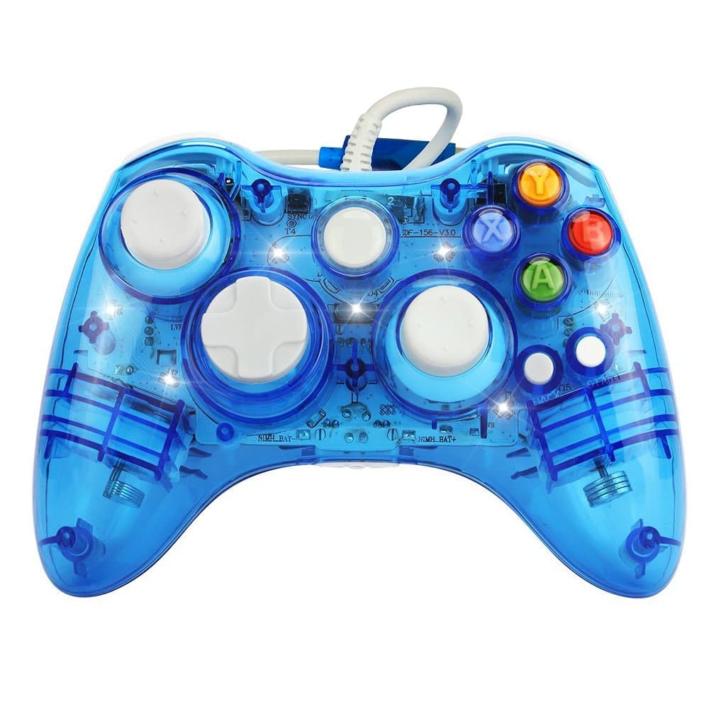 Maexus Xbox 360 Wired Controller Transparent Blue Gamepad for Xbox 360, PC with LED Light Backlit