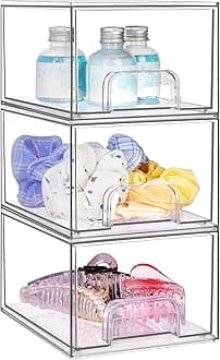 Vtopmart 3 Pack Stackable Makeup Organizer Storage Drawers, 4.4'' Tall Acrylic Bathroom Organizers，Clear Plastic Storage Bins For Vanity, Undersink, Kitchen Cabinets, Pantry Organization and Storage