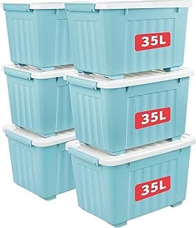 Cetomo 35L*6 Storage Boxes with Wheels, Plastic Storage Box with Lid, Latching Buckles, Click Closure, Stackable, Nesting, Durable Organizer for Home Office Clothes, Blue, 35L-6 Pack
