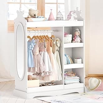 Curipeer Kids Dress up Storage with Mirror, Kids Wardrobe with 3 Hooks, Kids Closet for Girls Boys, Open Hanging Armoire Costume Organizer for Bedroom, Preschool, Classroom, White