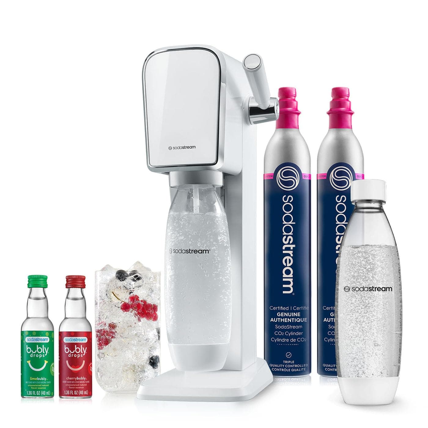 Art Sparkling Water Maker Bundle (White), with CO2, Dishwasher Safe Bottles, and Bubly Drops Flavors