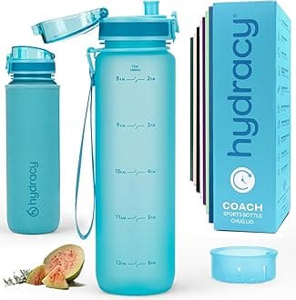 Hydracy Water Bottle with Time Marker -Large 1 Litre BPA Free Water Bottle & No Sweat Sleeve -Leak Proof Gym Bottle with Fruit Infuser Strainer & Times to Drink -Ideal for Fitness Sport & Outdoor