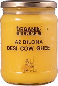 Organik Singh A2 cow Desi Ghee – 500ml | Made using Vedic Bilona Method | A2 Certified | Curd – Churned A2 cow ghee | Grass-fed Desi cow ghee | Lab Tested | Packed in Glass Jar