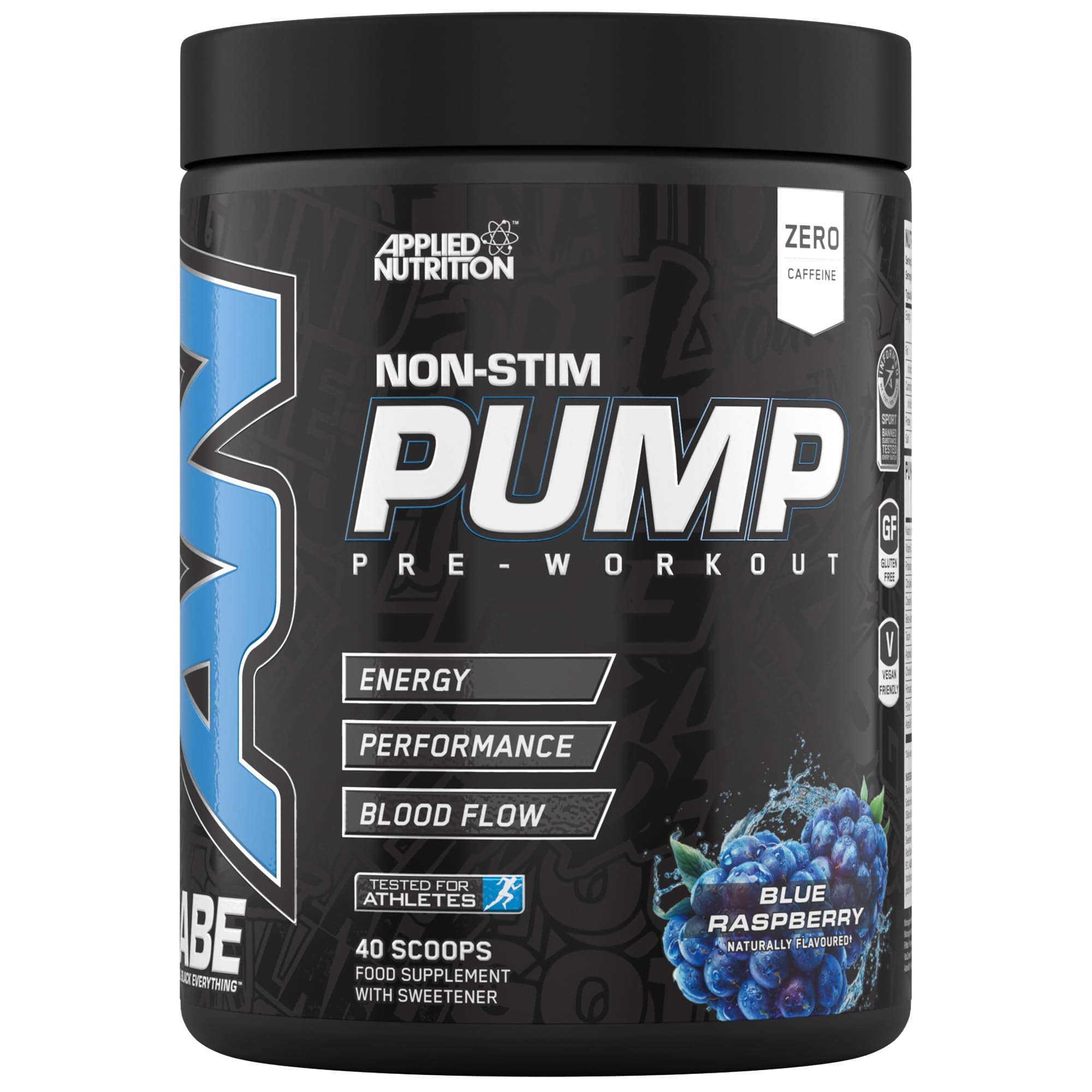 Applied Nutrition ABE Pump Pre Workout - All Black Everything Stim Free Pump Pre Workout Powder | Pump, Energy & Strength with Citrulline, Creatine, Beta-Alanine (500g - 40 Servings) (Blue Razz)