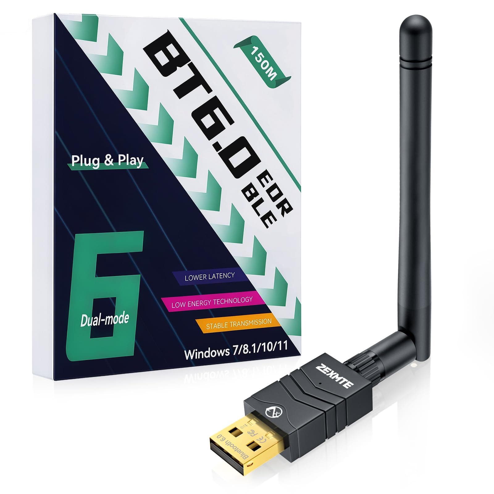 ZEXMTE 6.0 USB Bluetooth Adapter for PC, Long Range Connection with High Gain Antenna, Wireless Bluetooth Receiver 492FT / 150M, Plug &Play for Windows 11/10/8.1/7
