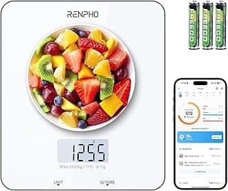 – Food Scale, Kitchen Scale for Food Ounces and Grams, Smart Cooking Calorie Scale with Timer, Nutritional Analysis with App for Keto Macro Weight Loss, White, 11lb/5kg