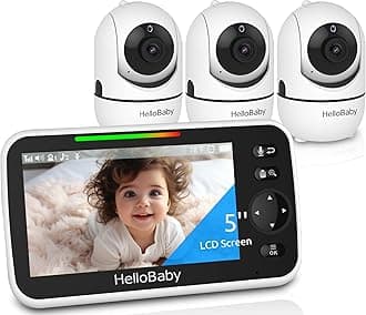 HelloBaby HB6550 5" Baby Monitor 3 Cameras, 26-Hour Battery, Pan-Tilt-Zoom,1000ft Range Video Audio Baby Monitor No WiFi, VOX, Night Vision, 2-Way Talk, 8 Lullabies and Temperature, ECO, Ideal Gifts